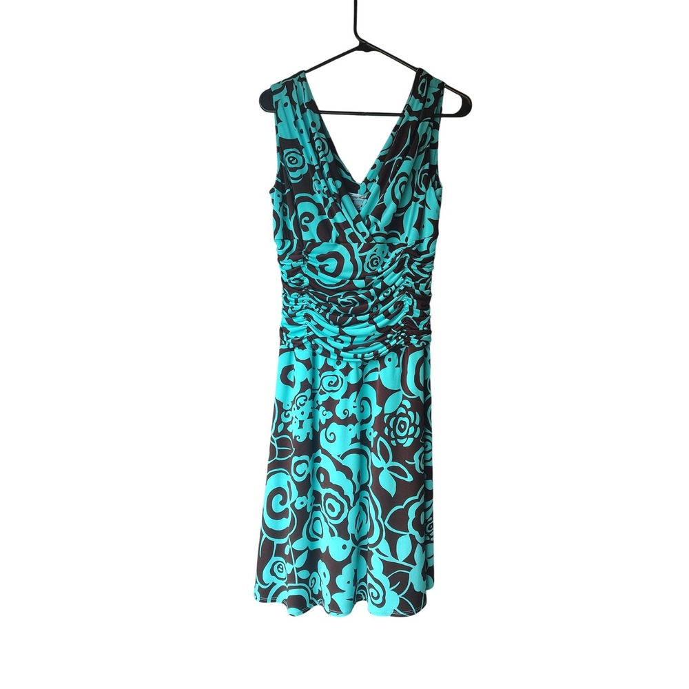 Maggy Boutique Turquoise Brown Floral Ruched V-Neck Dress Womens 14P Petite